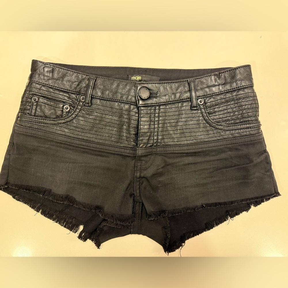 Maje Black Denim Cut Off Shorts with Faux Leather